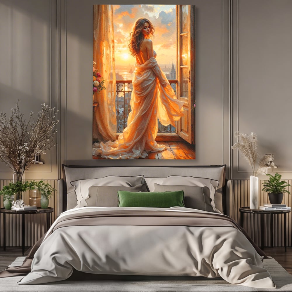 Tablou canvas cu tablou canvas cu femeie la fereastra, fara rama, pe sasiu de lemn, pe perete intr-un dormitor